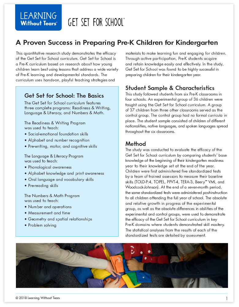 Pre-K Efficacy Paper PDF cover by Learning Without Tears, featuring preschool visuals and data-driven graphics supporting early childhood education success.