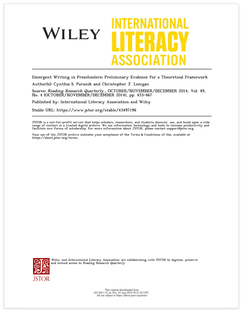 PDF cover of 'Emergent Writing in Preschoolers' by Wiley, Puranik, and Lonigan, featuring early literacy research and preschool writing development.