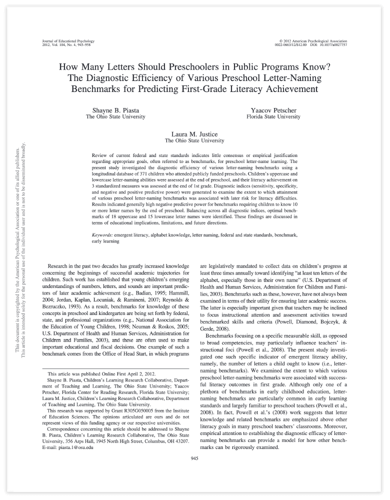 PDF cover of 'Piasta et al. 2012' study on early literacy instruction, highlighting research on preschool writing and emergent literacy development.
