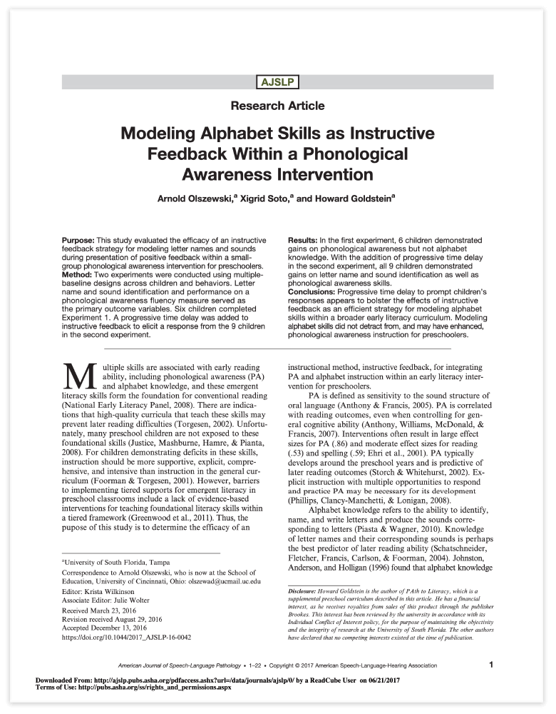 PDF cover of 'Olszewski et al. 2017' study on early writing skills, focusing on preschool handwriting instruction and emergent literacy outcomes.