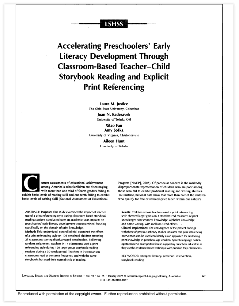 PDF cover of 'Justice et al. 2009' study on preschool literacy development, focusing on early writing instruction and emergent language skills.
