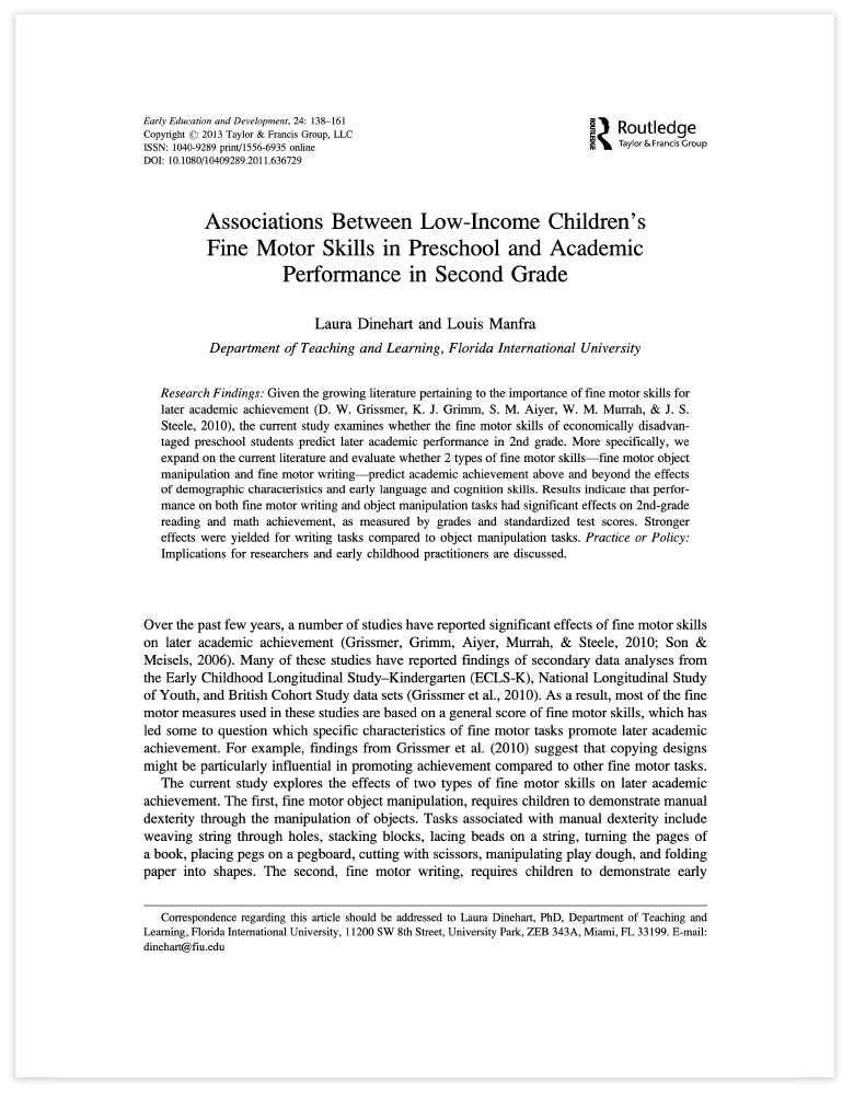 PDF cover of 'Dinehart and Manfra 2015' study on fine motor skills and academic outcomes in low-income preschoolers, highlighting early development links.
