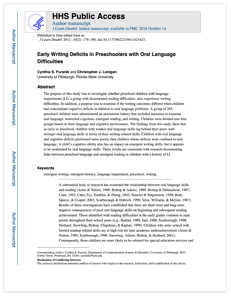 PDF cover of 'HHS Public Access' research article, focusing on early childhood education, public health policy, and access to developmental learning tools.