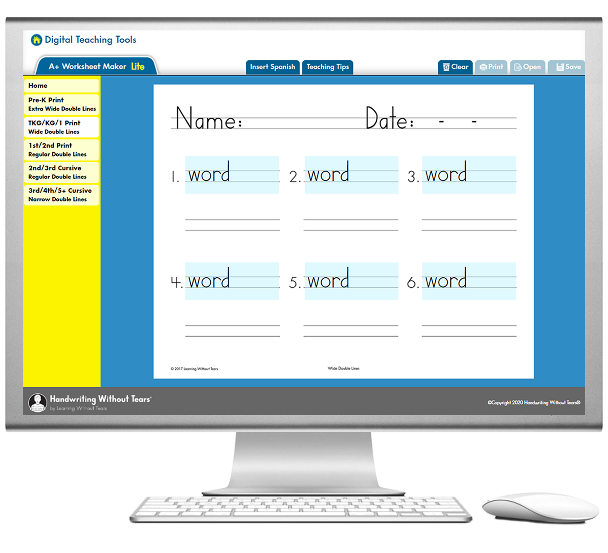 Screenshot of Worksheet Maker Lite interface from Learning Without Tears, showing custom handwriting worksheet creation tools.