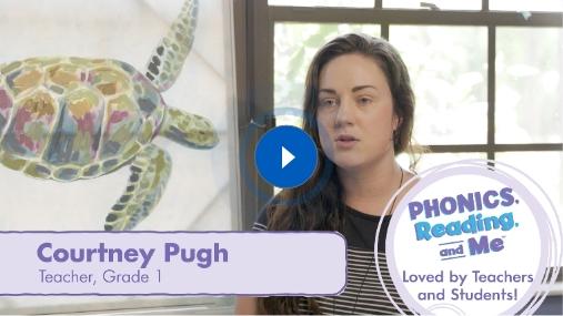 Testimonial video thumbnail for Phonics, Reading & Me, showing a smiling teacher with a play button overlay, sharing classroom success stories.