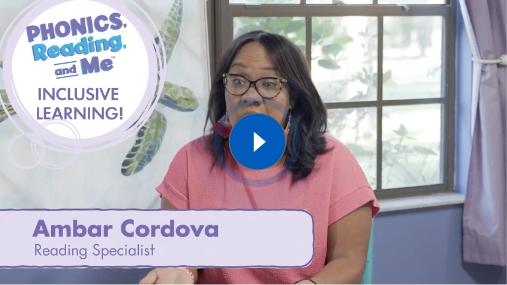 Testimonial video thumbnail for Phonics, Reading & Me, showing a smiling teacher with a play button overlay, sharing classroom success stories.